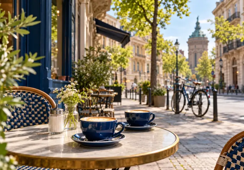 KI-Symbolbild: Kaffeetassen auf einer sonnigen Mannheimer Caféterrasse
