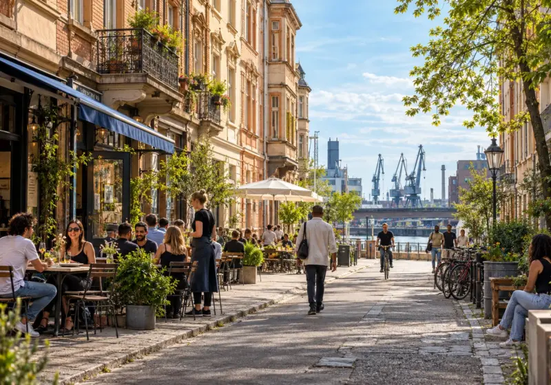 KI-Symbolbild: Belebte Straße mit Cafés und Hafenatmosphäre im Jungbusch