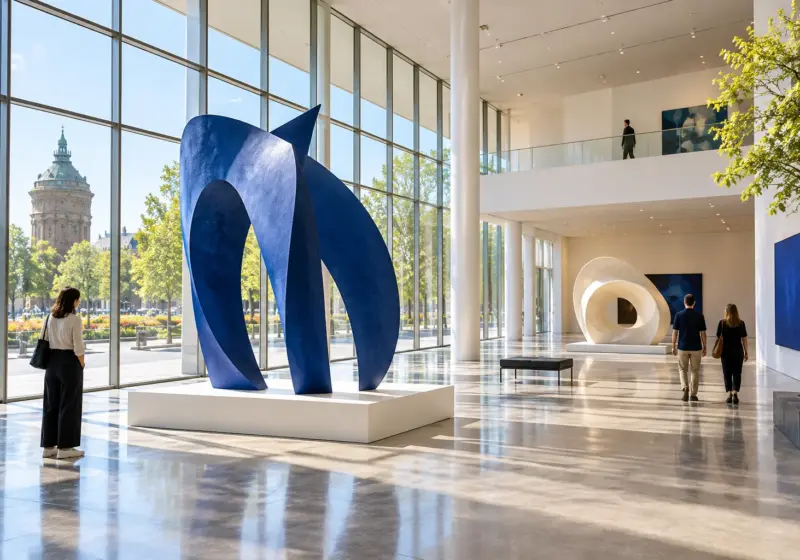 KI-Symbolbild: Heller moderner Ausstellungsraum mit abstrakter Kunst
