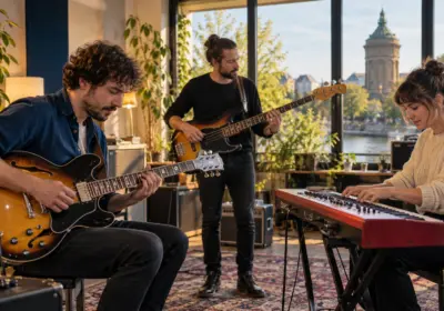 KI-Symbolbild: Musiker bei einer gemeinsamen Probe in einem Mannheimer Studio
