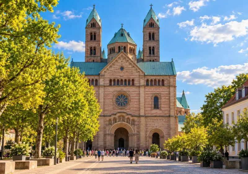 KI-Symbolbild: Romanischer Dom in Speyer mit baumbestandener Umgebung